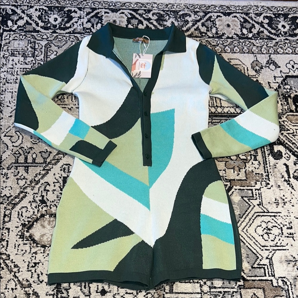 Green Geometric Knit Romper with Collar
